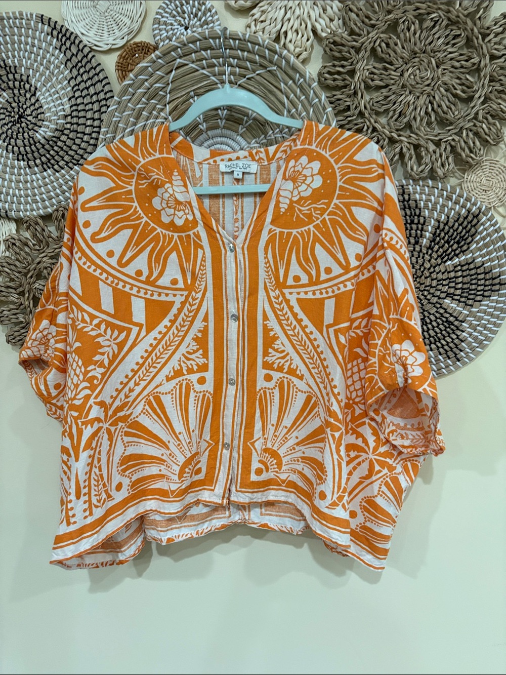 Rachel Zoe Boxy Top Size S Linen blend V-Neck Button up Beach Resort Coastal